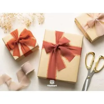 Vitalizart Rust Red Handmade Chiffon Silk Ribbon Fringe 3 Rolls 1.5" x 21 Yd Frayed Edges Ribbons for Wedding Invitations Bridal Bouquets Gifts Wrapping Crafts Holiday Decor