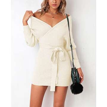 Mansy Women's Sexy Cocktail Batwing Long Sleeve Backless Mock Wrap Knit Sweater Mini Dress