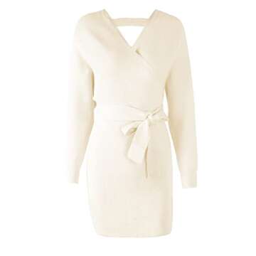 Mansy Women's Sexy Cocktail Batwing Long Sleeve Backless Mock Wrap Knit Sweater Mini Dress