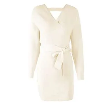 Mansy Women's Sexy Cocktail Batwing Long Sleeve Backless Mock Wrap Knit Sweater Mini Dress