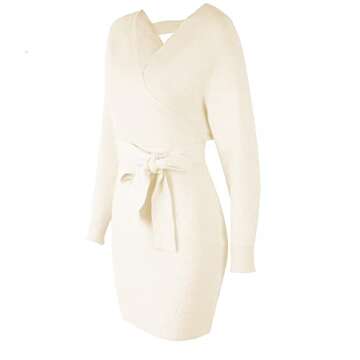 Mansy Women's Sexy Cocktail Batwing Long Sleeve Backless Mock Wrap Knit Sweater Mini Dress
