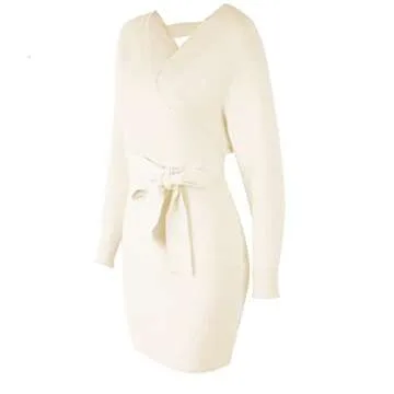 Mansy Women's Sexy Cocktail Batwing Long Sleeve Backless Mock Wrap Knit Sweater Mini Dress