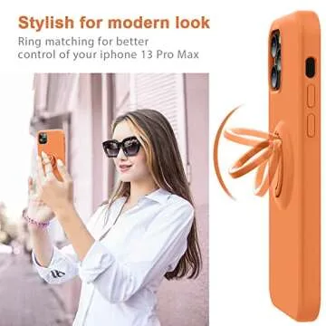 MOCCA Compatible with iPhone 13 Pro Max Case 6.7inch with Ring Kickstand | Liquid Silicone|Microfiber Linner|Anti-Scratch Full-Body Shockproof Protective Case for iPhone 13 Pro Max Women-Bright Orange