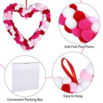ANVAVO Valentine's Day Wool Felt Pom Pom Wreath 13 Inch Valentine Heart Wreath Front Door Felt Ball Wreath Double-Sided Winding Felt Ball Garland for Valentine's Day Wedding Party Home, Heart Style