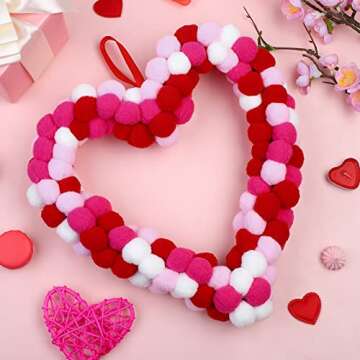 ANVAVO Valentine's Day Wool Felt Pom Pom Wreath 13 Inch Valentine Heart Wreath Front Door Felt Ball Wreath Double-Sided Winding Felt Ball Garland for Valentine's Day Wedding Party Home, Heart Style