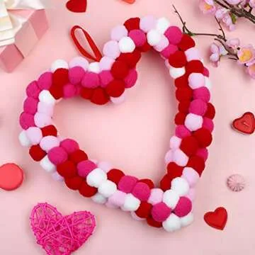 ANVAVO Valentine's Day Wool Felt Pom Pom Wreath 13 Inch Valentine Heart Wreath Front Door Felt Ball Wreath Double-Sided Winding Felt Ball Garland for Valentine's Day Wedding Party Home, Heart Style