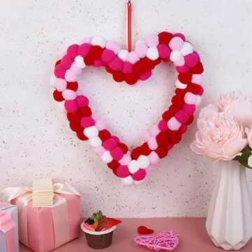 ANVAVO Valentine's Day Wool Felt Pom Pom Wreath 13 Inch Valentine Heart Wreath Front Door Felt Ball Wreath Double-Sided Winding Felt Ball Garland for Valentine's Day Wedding Party Home, Heart Style