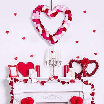 ANVAVO Valentine's Day Wool Felt Pom Pom Wreath 13 Inch Valentine Heart Wreath Front Door Felt Ball Wreath Double-Sided Winding Felt Ball Garland for Valentine's Day Wedding Party Home, Heart Style