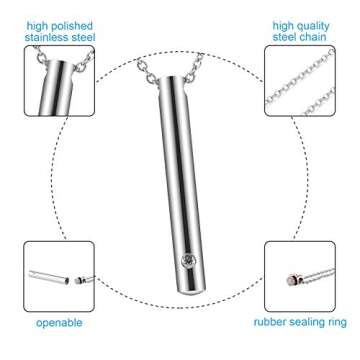 Slender Crystal Cylinder Cremation Urn Necklace in Stainless Steel, Minimalist Memorial Remembrance Gift, Secret Message Vial, Stash Locket Necklace, Gift for Loss Necklace (Black)