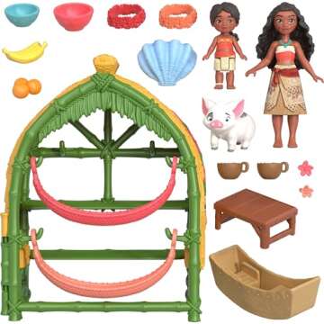 Mattel Disney Moana 2 Toys, Moana & Simea Village Home Playset with 2 Small Dolls, Pua Figure & 15 Accessories
