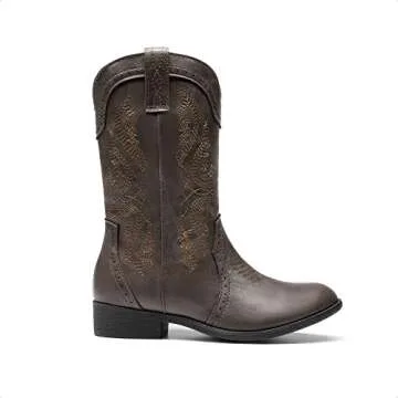 DREAM PAIRS SDBO2222K Girls Cowgirl Cowboy Western Boots Mid Calf Riding Shoes Brown Size 4 Big Kid