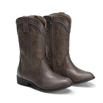 DREAM PAIRS SDBO2222K Girls Cowgirl Cowboy Western Boots Mid Calf Riding Shoes Brown Size 4 Big Kid