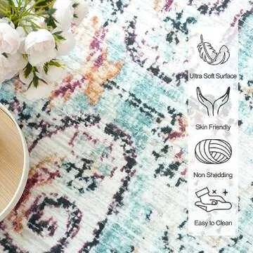 VK VK·LIVING Machine Washable Rug 8'x10' Vintage Design Washable Area Rugs with Non Slip Rugs for Living Room Bedroom Traditional Woven Rug Carpet Stain Resistant Home Decor Office Boho Rug,Cyan&White