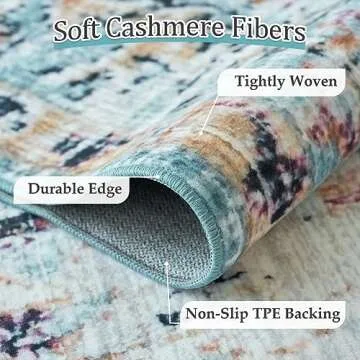 VK VK·LIVING Machine Washable Rug 8'x10' Vintage Design Washable Area Rugs with Non Slip Rugs for Living Room Bedroom Traditional Woven Rug Carpet Stain Resistant Home Decor Office Boho Rug,Cyan&White