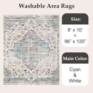 VK VK·LIVING Machine Washable Rug 8'x10' Vintage Design Washable Area Rugs with Non Slip Rugs for Living Room Bedroom Traditional Woven Rug Carpet Stain Resistant Home Decor Office Boho Rug,Cyan&White