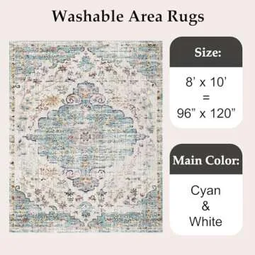 VK VK·LIVING Machine Washable Rug 8'x10' Vintage Design Washable Area Rugs with Non Slip Rugs for Living Room Bedroom Traditional Woven Rug Carpet Stain Resistant Home Decor Office Boho Rug,Cyan&White