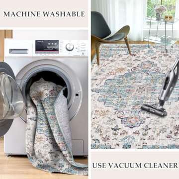 VK VK·LIVING Machine Washable Rug 8'x10' Vintage Design Washable Area Rugs with Non Slip Rugs for Living Room Bedroom Traditional Woven Rug Carpet Stain Resistant Home Decor Office Boho Rug,Cyan&White