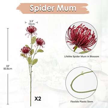 Hollyone 33" Red Artificial Mums Flowers Fall Chrysanthemum Flowers 2Pcs Spider Mum Flower Arrangeme...