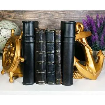 Nautical Coastal Gold Ship Anchor & Helm Bookends