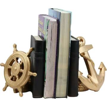 Nautical Coastal Gold Ship Anchor & Helm Bookends