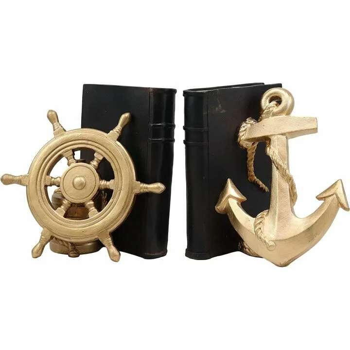 Nautical Coastal Gold Ship Anchor & Helm Bookends