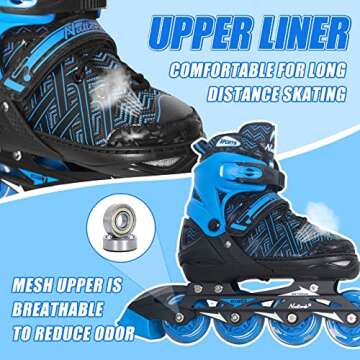 Inline Skates for Boys Girls, Outdoor Adjustable Roller Skates for Kids Youth Beginners with Full Illuminating Safe Durable Blue Size 5 6 7 8