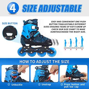 Inline Skates for Boys Girls, Outdoor Adjustable Roller Skates for Kids Youth Beginners with Full Illuminating Safe Durable Blue Size 5 6 7 8