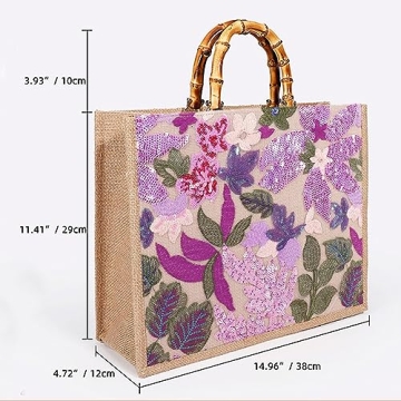 Stylish Tote Bag with Bamboo Handle and Sequin Embroidery