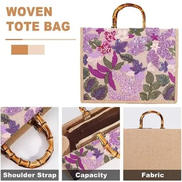 Stylish Tote Bag with Bamboo Handle and Sequin Embroidery