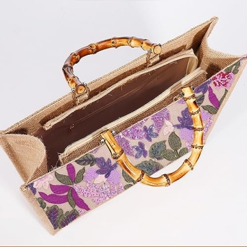 Stylish Tote Bag with Bamboo Handle and Sequin Embroidery