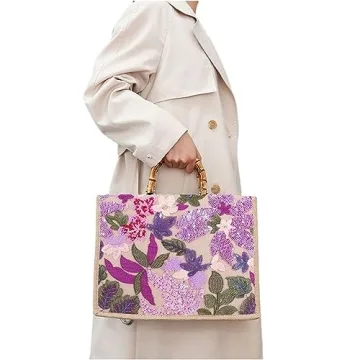 Stylish Tote Bag with Bamboo Handle and Sequin Embroidery