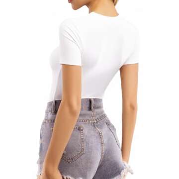 MANGOPOP White Short Sleeve Tops for Women Crew Neck Double Lined Fitted T Shirts Y2K (White, Medium)