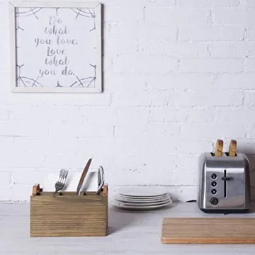 MyGift Rustic Burnt Wood Kitchen Flatware Holder Caddy