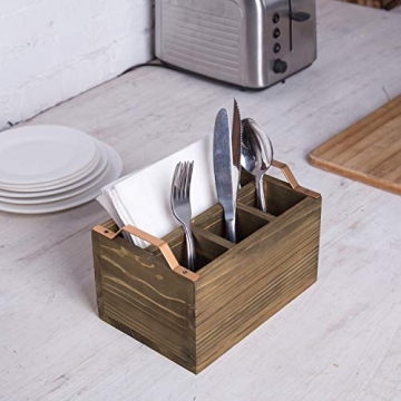 MyGift Rustic Burnt Wood Kitchen Flatware Holder Caddy