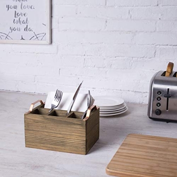 MyGift Rustic Burnt Wood Kitchen Flatware Holder Caddy