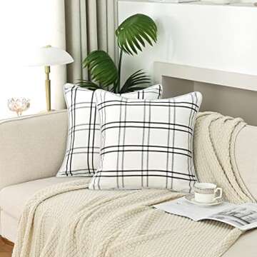 Amzdecor Pack of 2 Plaid Throw Pillow Covers, Stripe Plaid Welted Cushion Case for Farmhouse Sofa an...