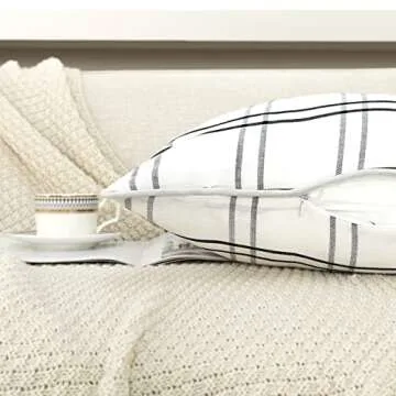 Amzdecor Pack of 2 Plaid Throw Pillow Covers, Stripe Plaid Welted Cushion Case for Farmhouse Sofa and Home Decor, Linen Texture Rustic Decorative Pillow Cases (Black and White，18 x 18 inches)