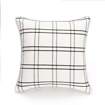 Amzdecor Pack of 2 Plaid Throw Pillow Covers, Stripe Plaid Welted Cushion Case for Farmhouse Sofa and Home Decor, Linen Texture Rustic Decorative Pillow Cases (Black and White，18 x 18 inches)