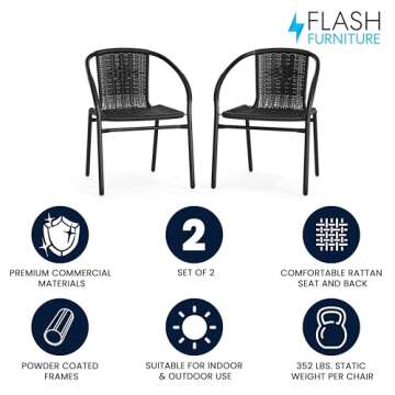 Flash Furniture Modern Rattan Indoor/Outdoor Restaurant Dining Chairs, Stackable Rattan Bistro Chairs for Patio or Restaurant, Set of 2, Black