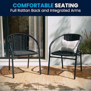 Flash Furniture Modern Rattan Indoor/Outdoor Restaurant Dining Chairs, Stackable Rattan Bistro Chairs for Patio or Restaurant, Set of 2, Black