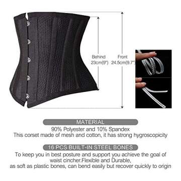 SHAPERX Women Petite Steel Boned Waist Trainer Underbust Corset Short Torso Mesh Body Shaper,SZ1995-Black-XS