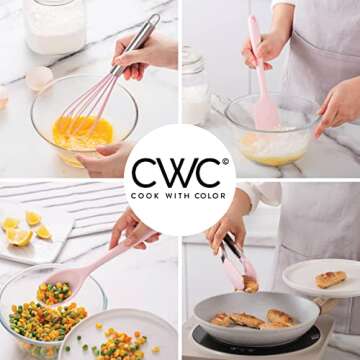 COOK WITH COLOR Silicone Cooking Utensils, Kitchen Utensil Set, Easy to Clean Silicone Kitchen Utensils, Cooking Utensils for Nonstick Cookware, Kitchen Gadgets Set, 5 Pc, Pink with Stainless Steel