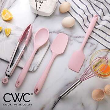 COOK WITH COLOR Silicone Cooking Utensils, Kitchen Utensil Set, Easy to Clean Silicone Kitchen Utensils, Cooking Utensils for Nonstick Cookware, Kitchen Gadgets Set, 5 Pc, Pink with Stainless Steel