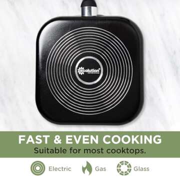 Ecolution Artistry Nonstick Square Griddle, Easy To Clean, Comfortable Handle, Even Heating, Dishwasher Safe Pots and Pans, 11-Inch, Black