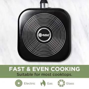 Ecolution Artistry Nonstick Square Griddle, Easy To Clean, Comfortable Handle, Even Heating, Dishwasher Safe Pots and Pans, 11-Inch, Black