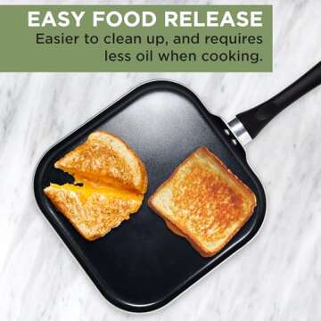 Ecolution Artistry Nonstick Square Griddle, Easy To Clean, Comfortable Handle, Even Heating, Dishwasher Safe Pots and Pans, 11-Inch, Black