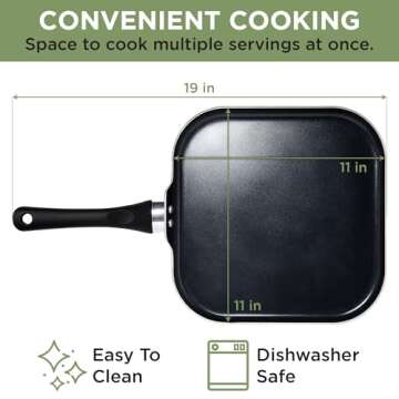 Ecolution Artistry Nonstick Square Griddle, Easy To Clean, Comfortable Handle, Even Heating, Dishwasher Safe Pots and Pans, 11-Inch, Black