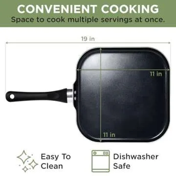 Ecolution Artistry Nonstick Square Griddle, Easy To Clean, Comfortable Handle, Even Heating, Dishwasher Safe Pots and Pans, 11-Inch, Black