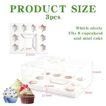 JCD 3 Pcs Bento Clear Boxes 1 mini Cake and 8 Cupcakes Box Cake Cupcake Combo Box Rectangle Cupcake Holder for Treats, Dessert Boxes, Muffins(1+8/3Pcs)