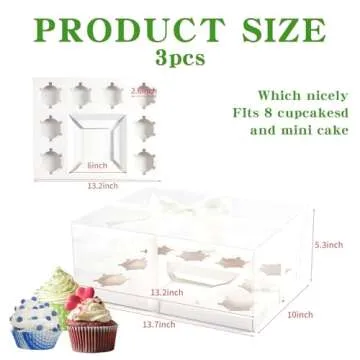 JCD 3 Pcs Bento Clear Boxes 1 mini Cake and 8 Cupcakes Box Cake Cupcake Combo Box Rectangle Cupcake Holder for Treats, Dessert Boxes, Muffins(1+8/3Pcs)